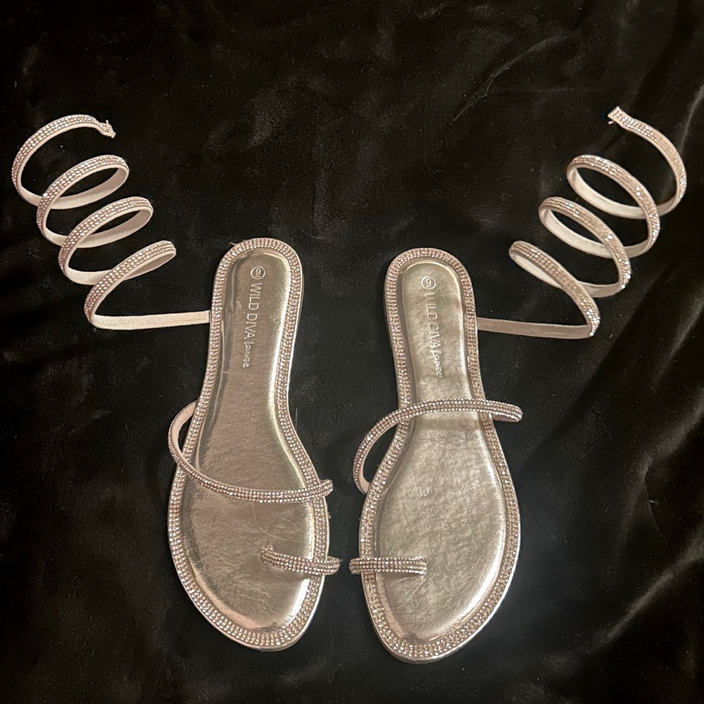 Silver diamond strappy wrap around ankle sandal flats #glamour #sandals